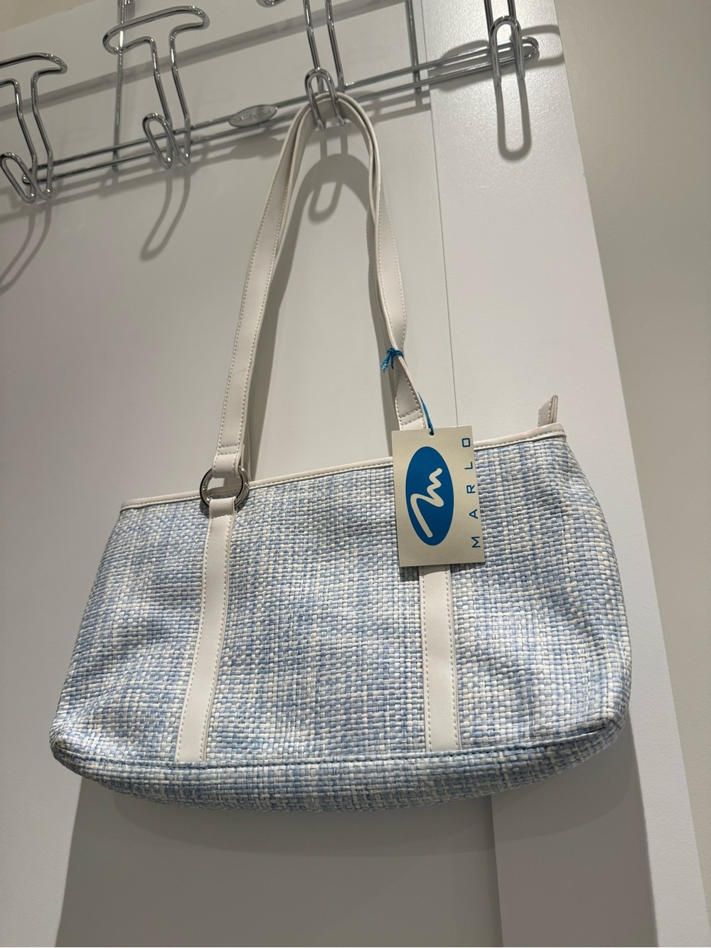 Marlo Pale Blue Tweed Shoulder Bag with White Trim